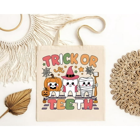 vintage Trick or th Halloween Scary Cute Tooth Characters Fun Dental Tote Bag Design-TH5729