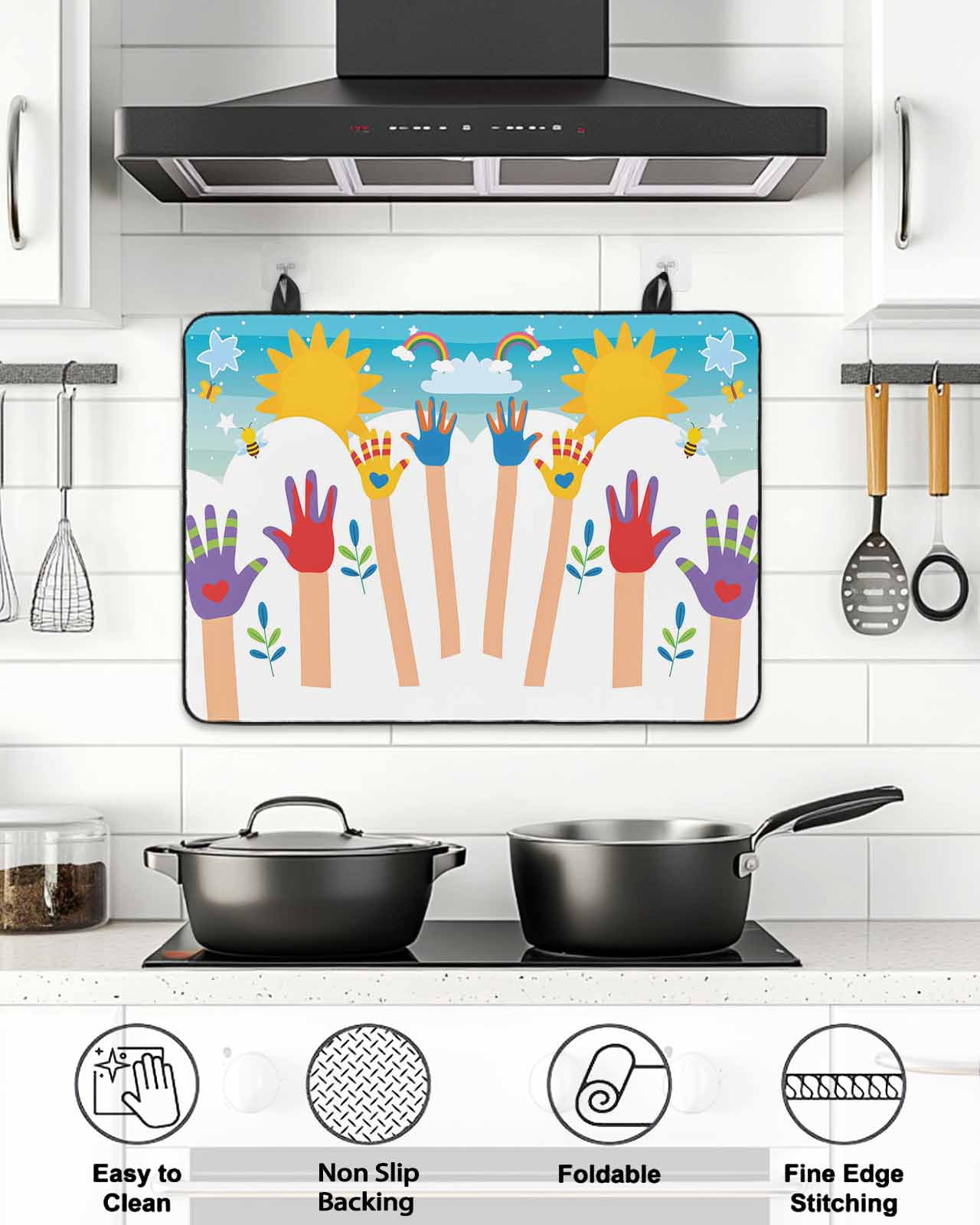 Stove Top Covers for Electric Stove, Colorful Love Heart Hand Glass Stovetop Cover Protector, Rainbow Sky Cartoon Kids Hands Induction Cooktop Protector Oven Mat for Kitchen Countertop 24"x21"