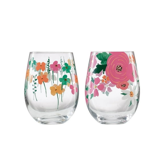 18 oz Floral Brights Stemless Wine Glasses, Set of 2, Hand Wash