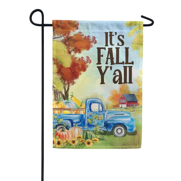 America Forever Happy Fall Y'all Garden Flag Fall Blue Truck Pumpkins 12.5 x 18 inch Double Sided Autumn Harvest Sunflowers Floral Farmhouse Seasonal Yard Outdoor Decoration