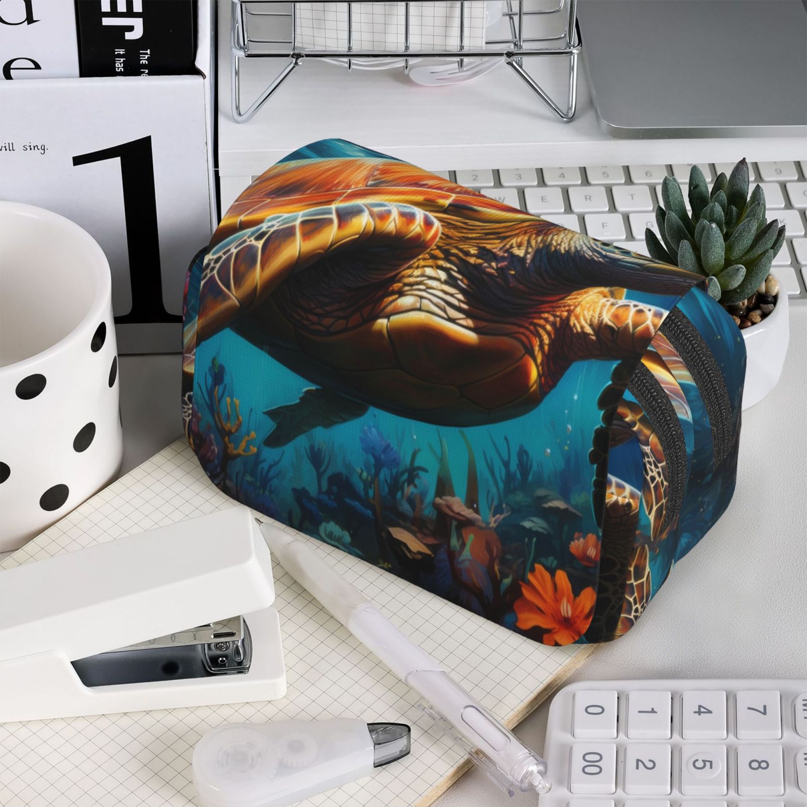 Rateoe Colorful Flower Sea Turtle Pattern Double Clamshell Pen Case, Storage Organizer with Two Zipper Compartments– Holds Up to 50 Pencils & Pens