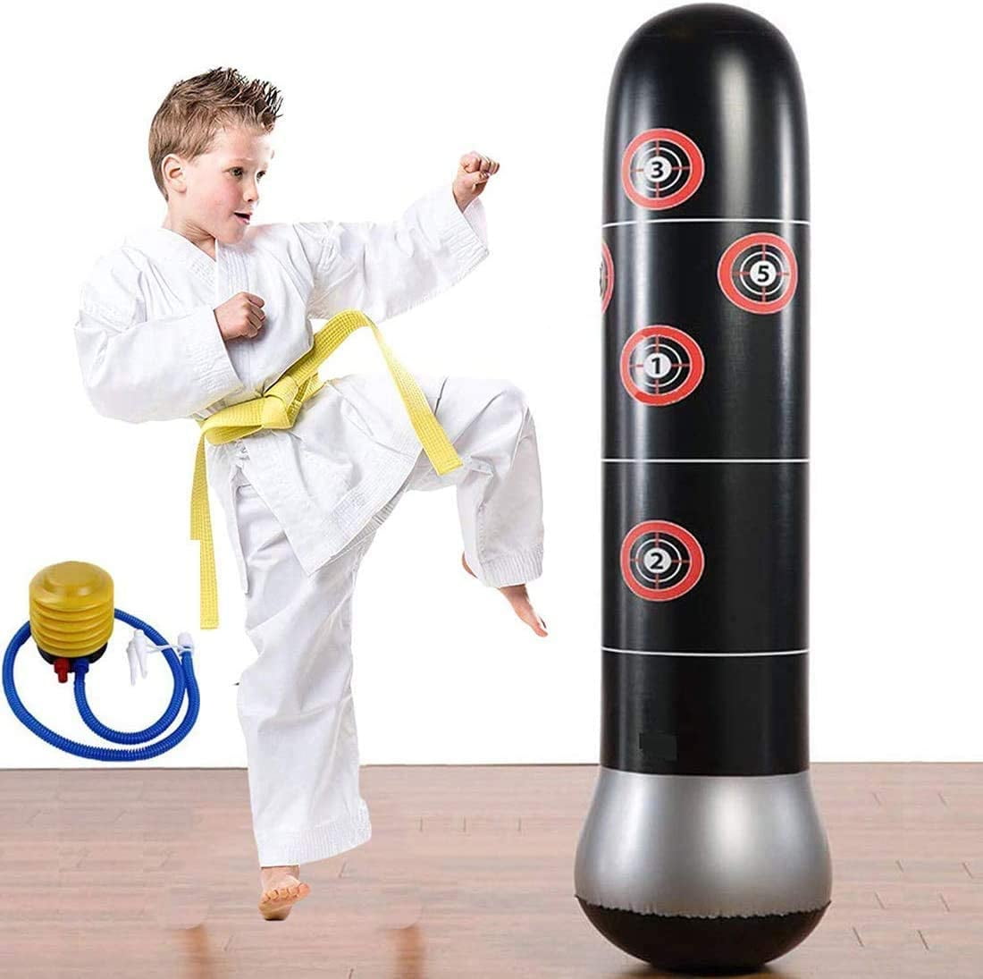 5.2ft Punching & Pure Boxing Target Bag, Inflatable Fitness Punching Bag w/ Air Pump for Kids Adults, Punching Tower Bag Free Standing | Black