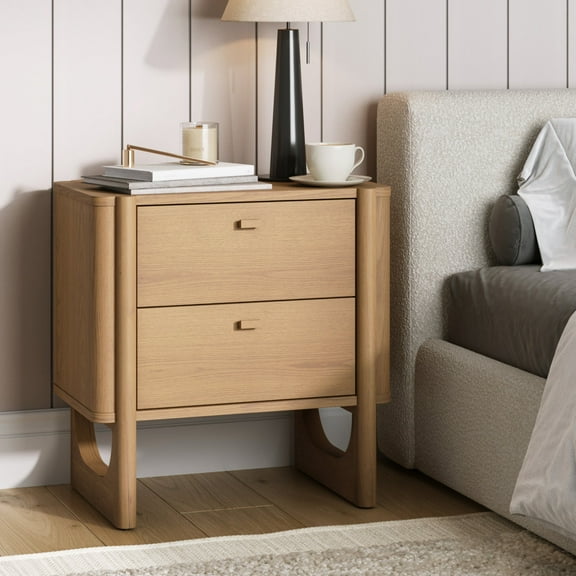 Nathan James Solace Mid Century Modern 2 Drawer Nightstand with Solid Wood Frame and Rounded Details, Raw Oak