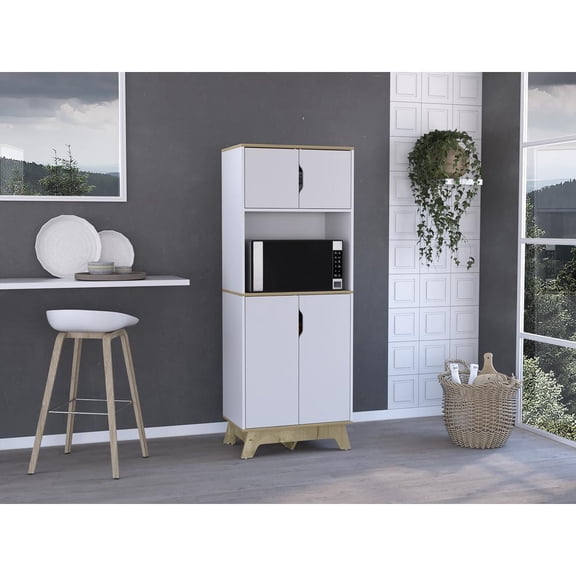 Depot E-Shop DE-MDB7161 Dahoon Microwave Double Door Cabinet Pantry, Light Oak & White