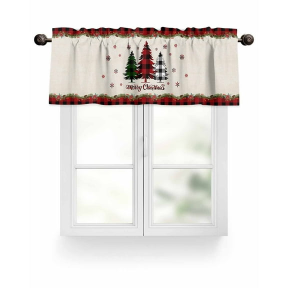 Merry Christmas Kitchen Valances for Windows Rustic Red Black Buffalo Plaid Xmas Trees Valance Curtains for Kitchen /Living Room/Bedroom/ Bathroom Decor, 42"x12 " ,Rod Pocket 1 Panel,