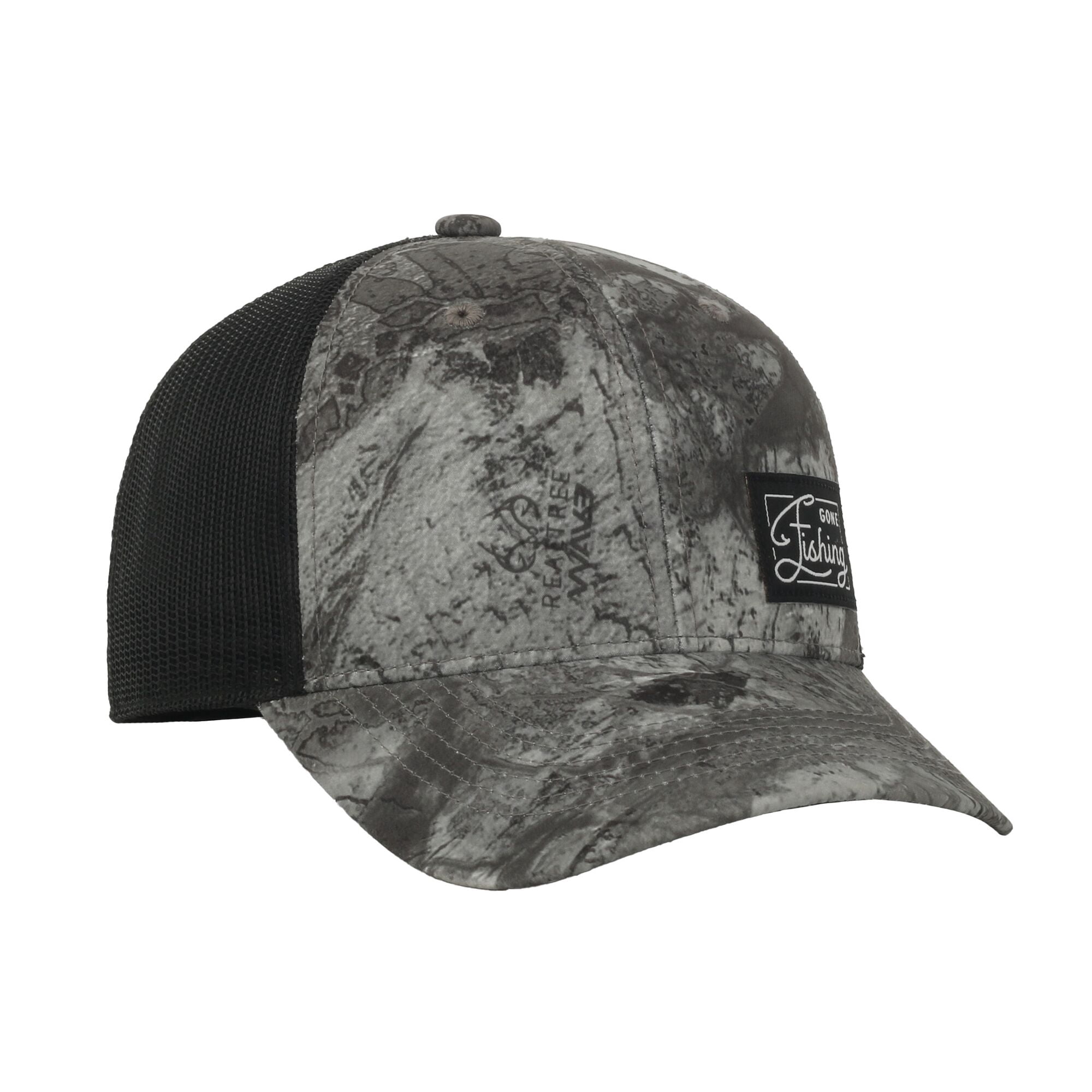 Realtree® Fishing WAV3 Grey Camo Trucker Hat – Mid Profile Mesh Back Snapback, One Size