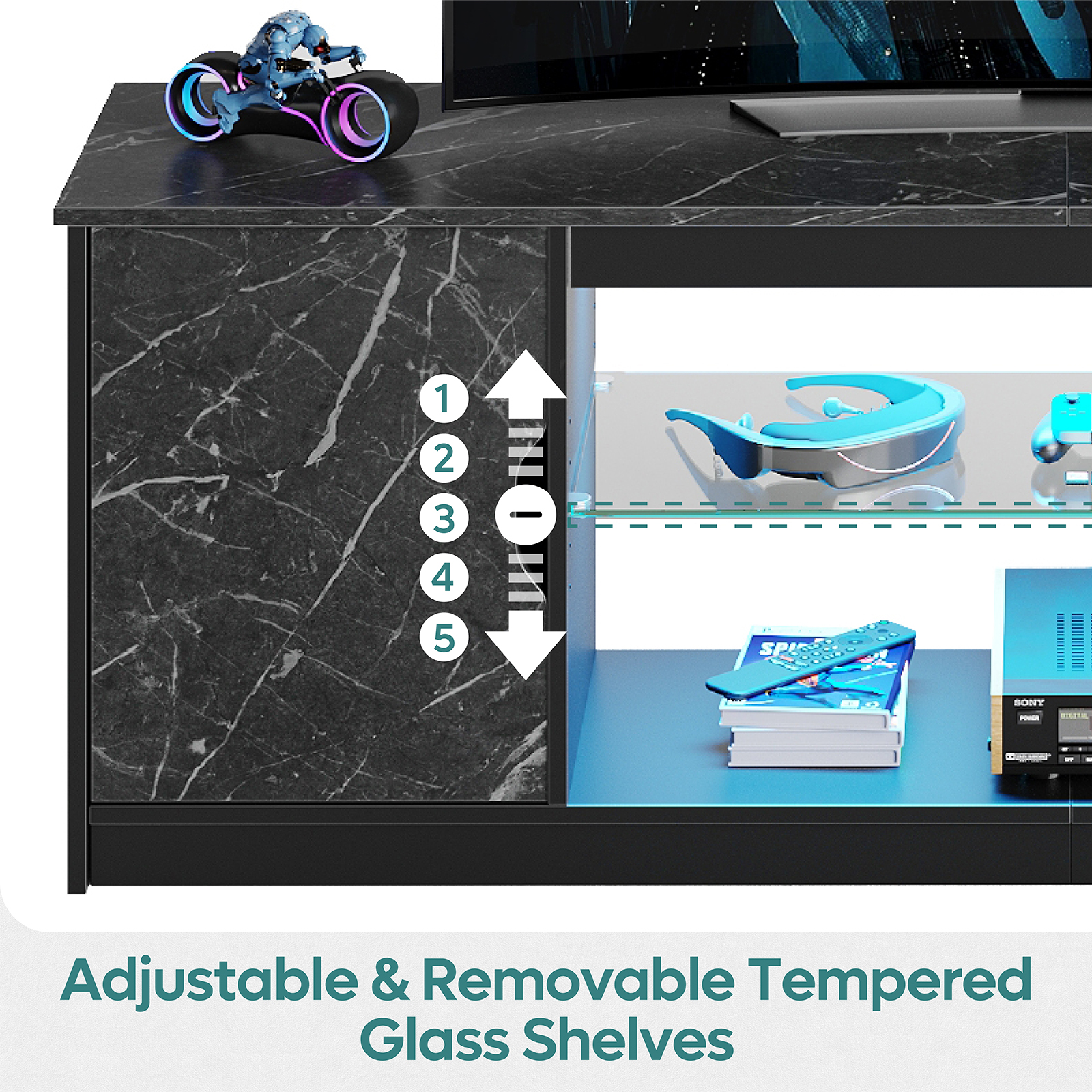 Bestier 65" TV Stand with LED Lights and Power Outlets, Black Marble photo 8