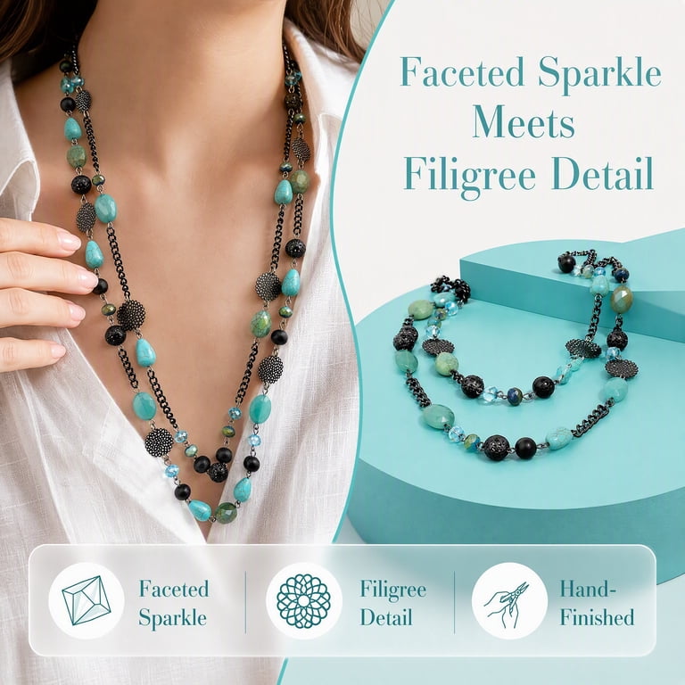 Bocar Bohemian Statement Necklace, Double-Strand Crystal Beaded photo 4