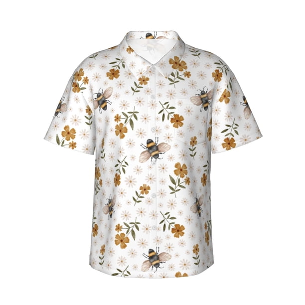 Balery Bees And Flowers Camisas hawaianas de manga corta para hombre, camisas playeras de corte holgado, camisas de vacaciones con botones,3X-Large