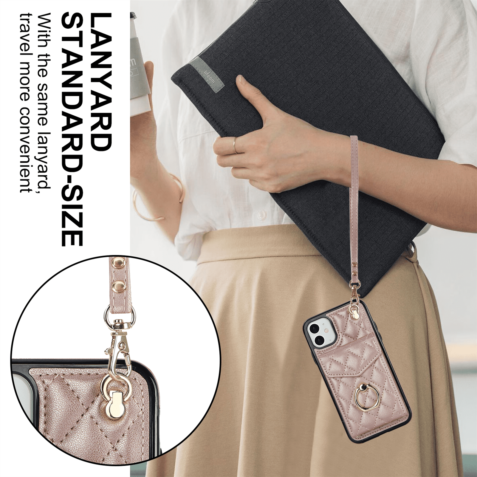 Asuwish Wallet RFID Blocking PU Leather Cell Phone Case with Tempered Glass Screen Protector, Wrist Strap for iPhone 11, Rose Gold