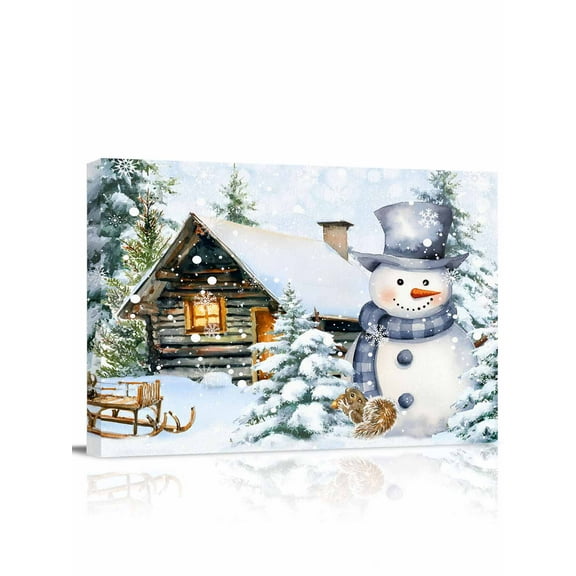 Christmas Canvas Print Wall Art Winter Blue Snowman Xmas Tree Farmhouse Snow Scene Pictures Painting Morden Artwork for Living Room Bedroom, Ready to Hang - 12"x16"