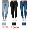 thumbnail image 3 of NEW Women‘s Casual Denim Jogger Pants Ladies Drawstring Elastic Waist Jeans, 3 of 5