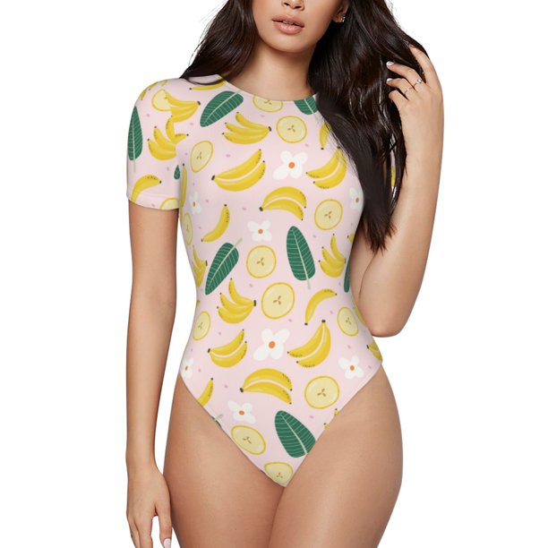 Balery Banana With Leaves Body de cuello redondo de manga corta para mujer Tops de manga corta Tops básicos-Large