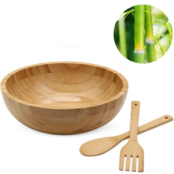 10'' Rounded Bamboo Salad Container Bowl with 2 Serving Spoon, Large Wood Salad Mixing Bowl, Wooden Kitchenware