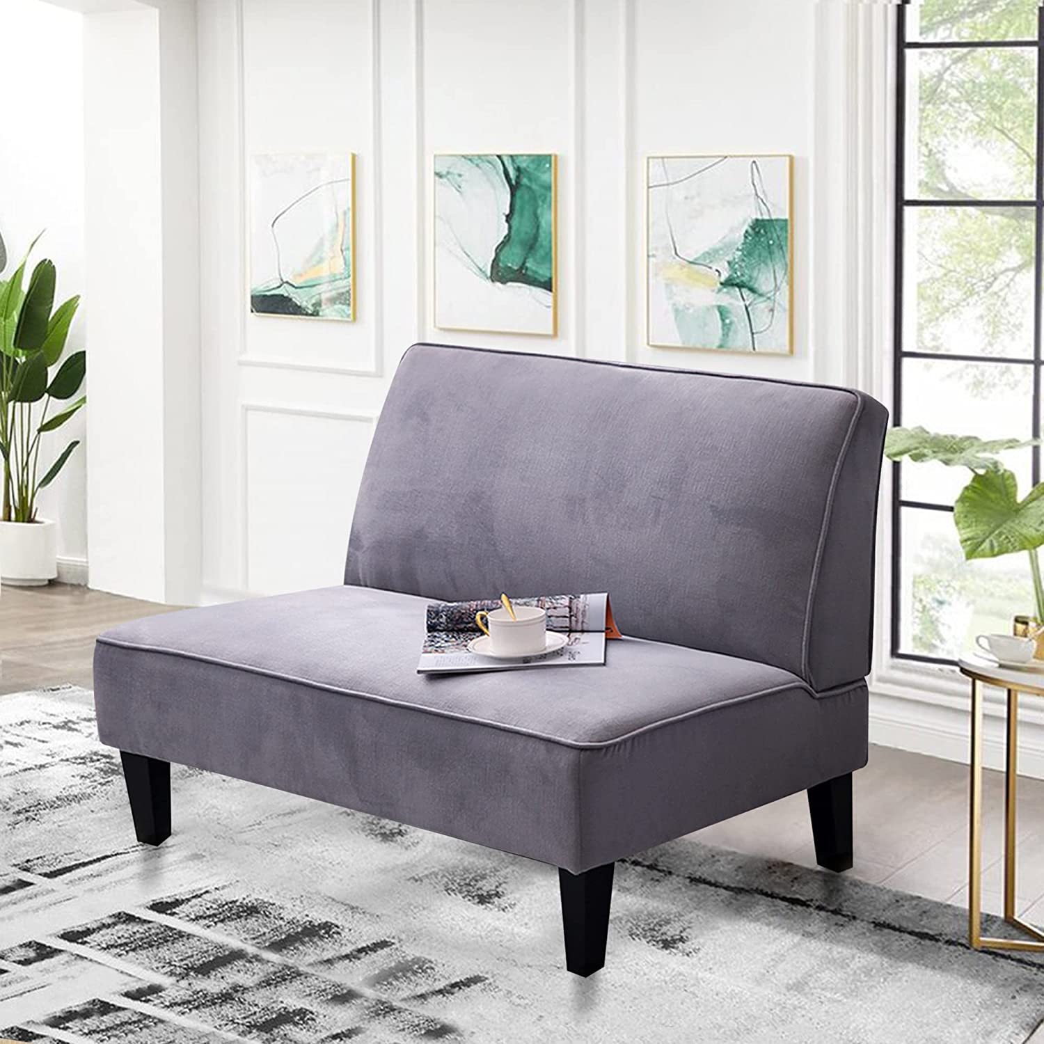FulnKye Upholstered Loveseat Bench Settee Modern Armless Small Sofa