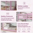 thumbnail image 3 of UHOMEPRO Twin Over Twin Bunk Bed for Kids, Solid Wood Low Floor Bunk Bed with Safety Rail and Ladder, Heavy Duty Kids Bunk Bed, Space-Saving Bed Frame for Bedroom, Pink, 3 of 13