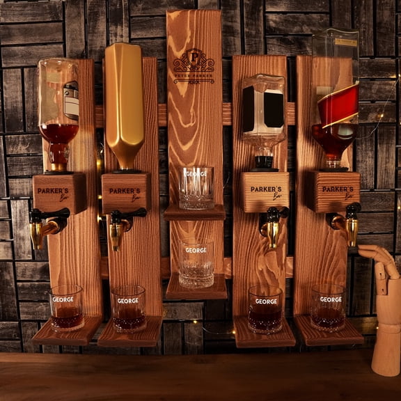 Personalized Wall-Mounted Four Tap with Shelf Whiskey Dispenser – Handmade Pine Wood Liquor Pourer Home Bar Gift