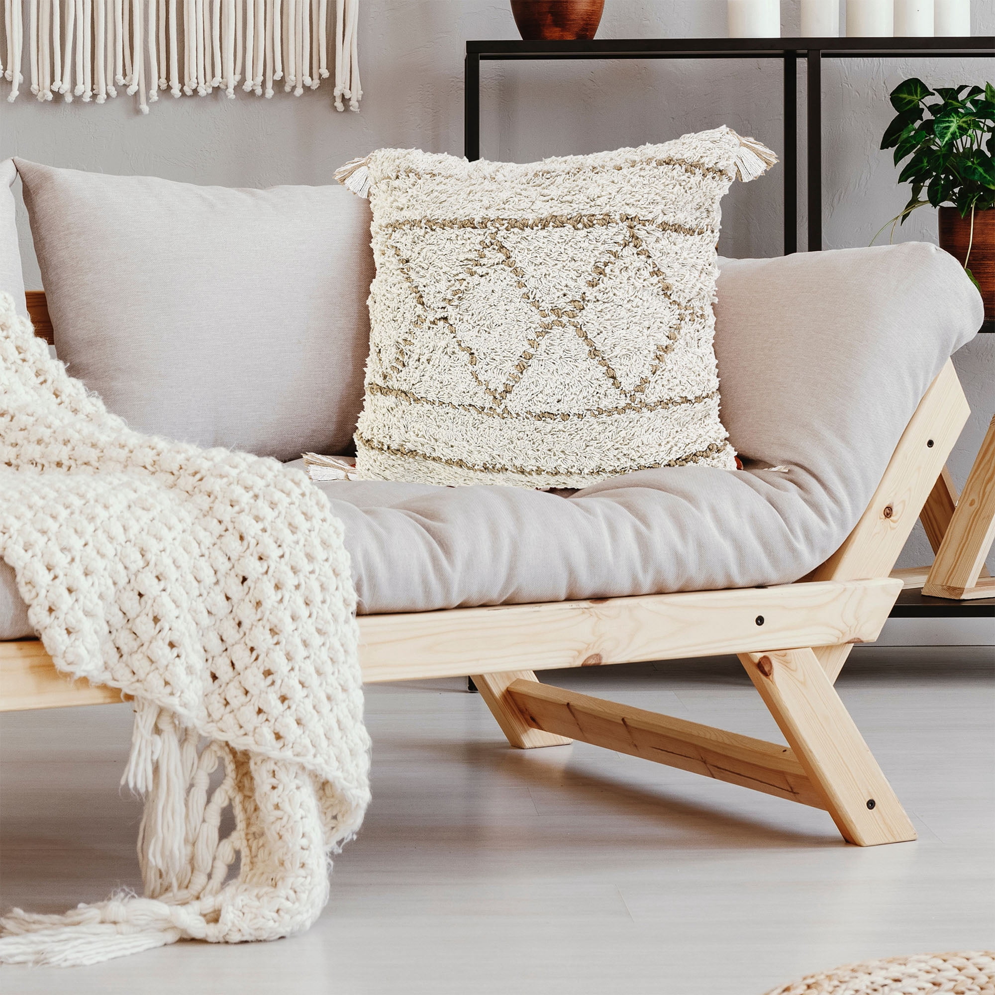 Laddha Home Designs Handwoven Diamond Throw Pillow Cover - 20" - Cream and Beige