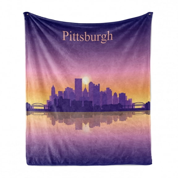 City Pittsburgh Soft Flannel Fleece Blanket, Typography with a Silhouette of Buildings and Bridges Reflection on Water, Cozy Plush for Indoor and Outdoor Use, 60" x 80", Multicolor, by Ambesonne