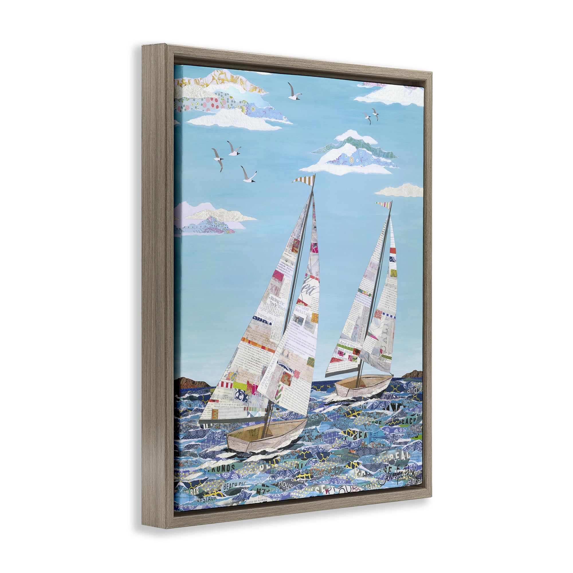 Stupell Industries Collaged Sailboat Pair Transportation Painting Brown Floater Framed Canvas Art Print Wall Art, 17 x 21