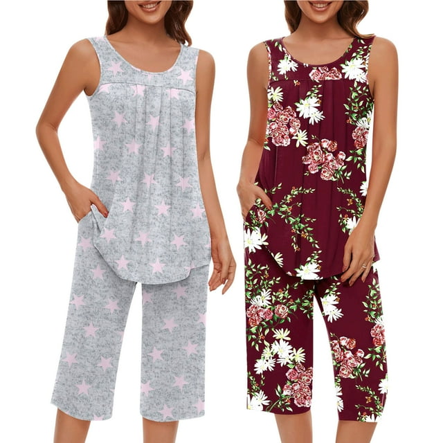 Conjunto de Ropa de Salón para Mujer, Ropa de Dormir con Cuello en V Impresión de Manga Corta Blusa Y Pantalones Cortos con Cintura Elástica Hecha de Poliéster, Blusas para Mujeres Casual