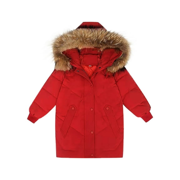 ShomPort Children Mid-Length Jackets Long Sleeve Zip Up Cotton Thickened Puffer Coats Winter Outdoor Hooded Clothes for 10-14 Years
