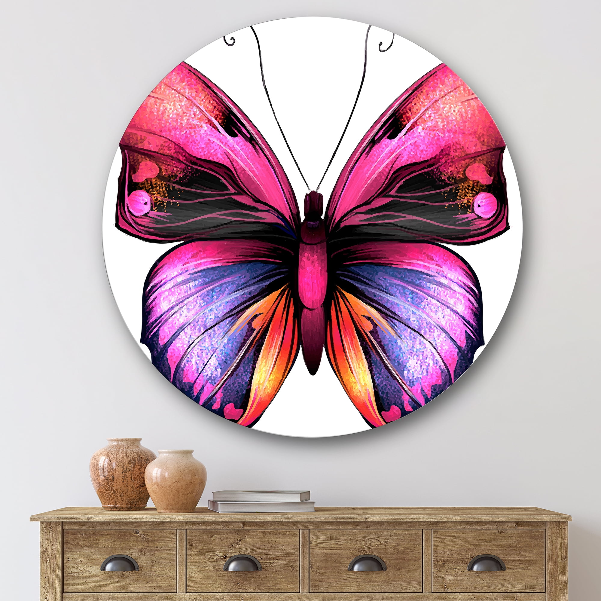 Designart 'Portrait Of Bright Pink Butterfly' Modern Circle Metal Wall Art 29x29 - Disc of 29
