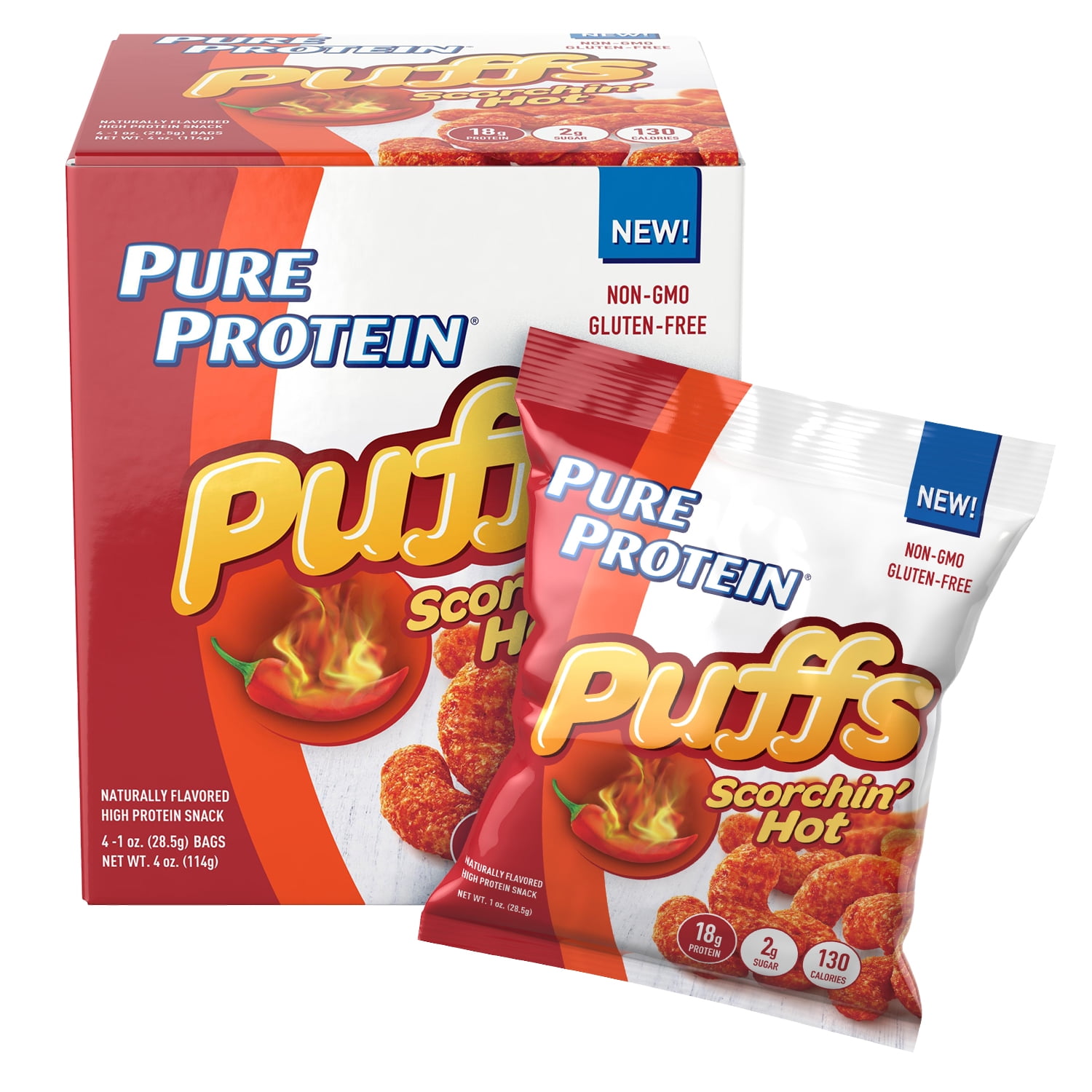 Pure Protein Puffs, Scorchin' Hot, Protein Snack, 4 Count