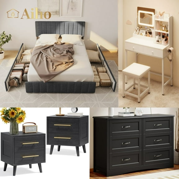 Aiho 5 Pieces Bedroom Furniture Set, Includes Queen Bed Frame with Drawers, Nightstands Set of 2, Double Wide 6-Drawer Dresser and Vanity Table Set - Black