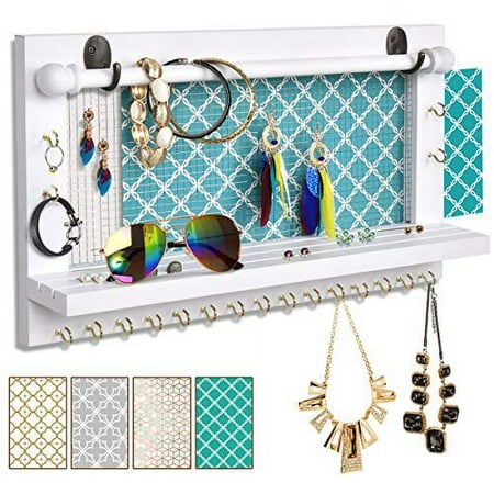 VIEFIN White Wall-Mounted Mesh Jewelry Organizer, Wooden Earring Bracelet Holder with Shelf, Hanging Hooks for Necklace, Chic Wall Decor(White,Improved)