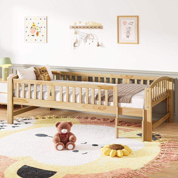 PORKISS Kids Twin Bed Frame with Guardrails, Wood Twin Platform Bed with Built-in Step, 10 Wood Slats Support, No Box Spring Needed, 400 lbs Capacity, Twin Bed for Boys Girls Bedroom, Natural A