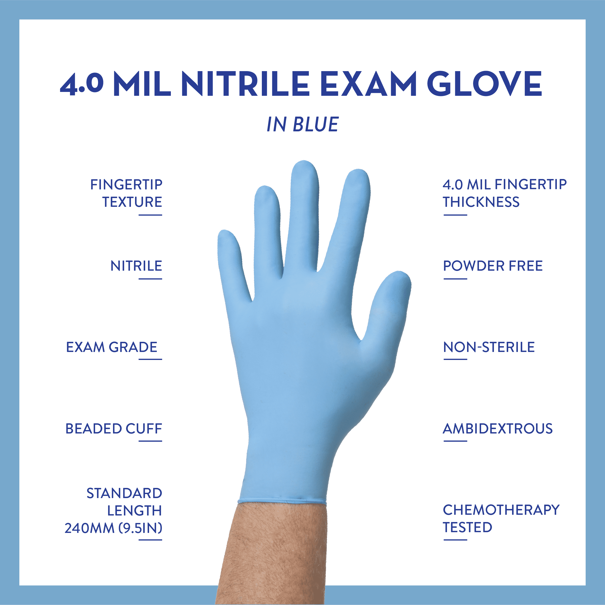 Valiant N4100 Nitrile Exam Gloves, Single Use Only, Fingertip Textured, Blue, Large, 100 Per Box, 10 Boxes (1,000 Gloves)