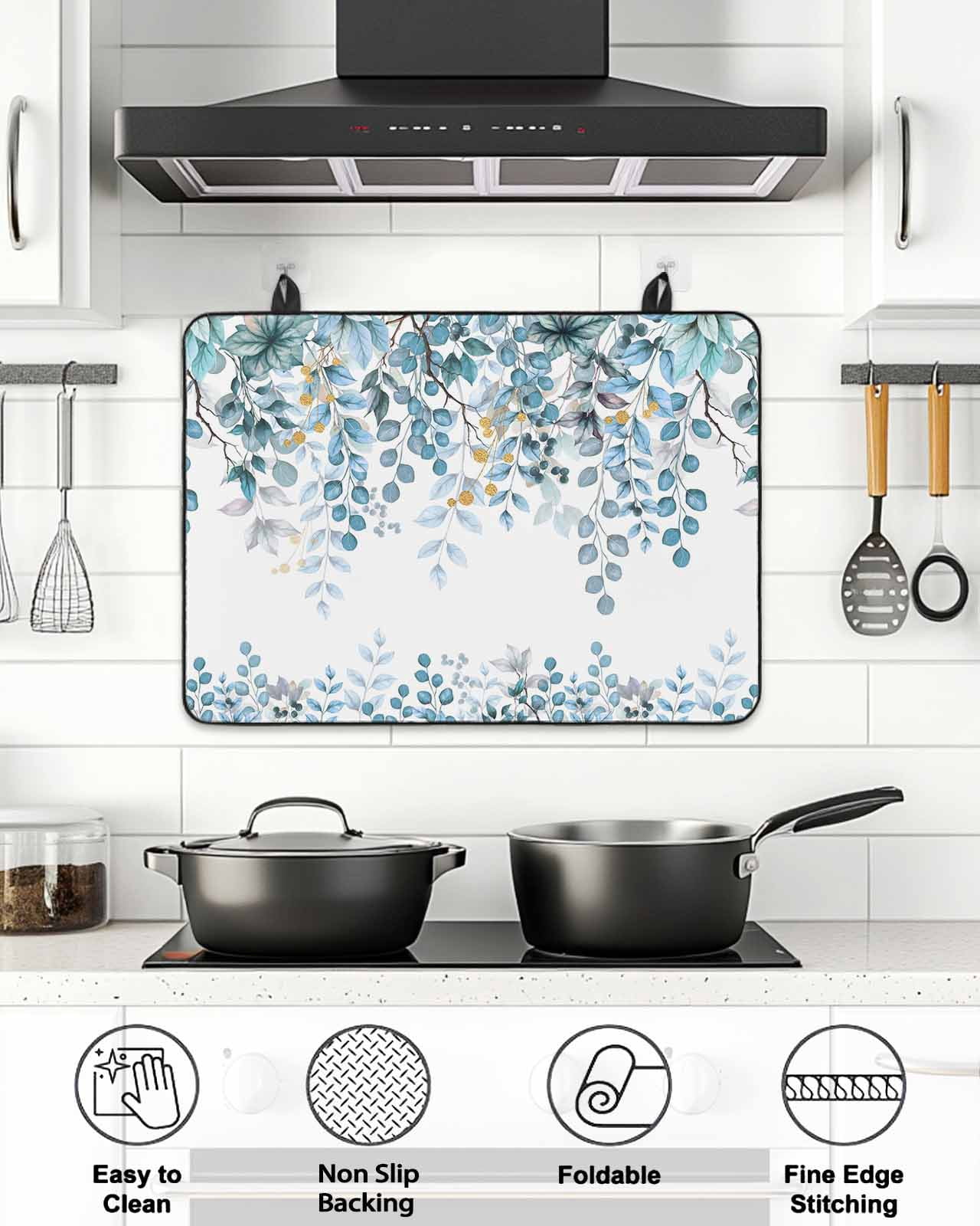 Stove Top Covers for Electric Stove, Blue Eucalyptus Leaves Glass Stovetop Cover Protector, Farmhouse Watercolor Floral Induction Cooktop Protector Oven Mat for Kitchen Countertop 36"x21"