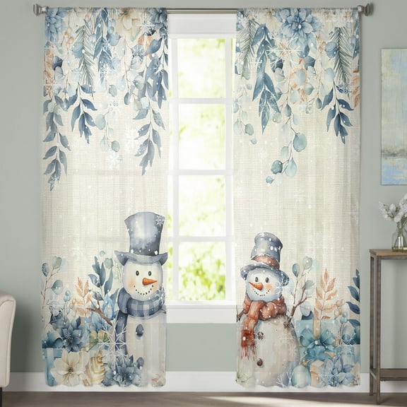 Sheer Curtains 63 inches Long, Blue Christmas Snowman Gift Flower Holly Eucalyptus Linen Light Filtering Sheer Window Curtains Rod Pocket Voile Drapes for Bedroom Living Room, 52"W x 63"L 2 Panels