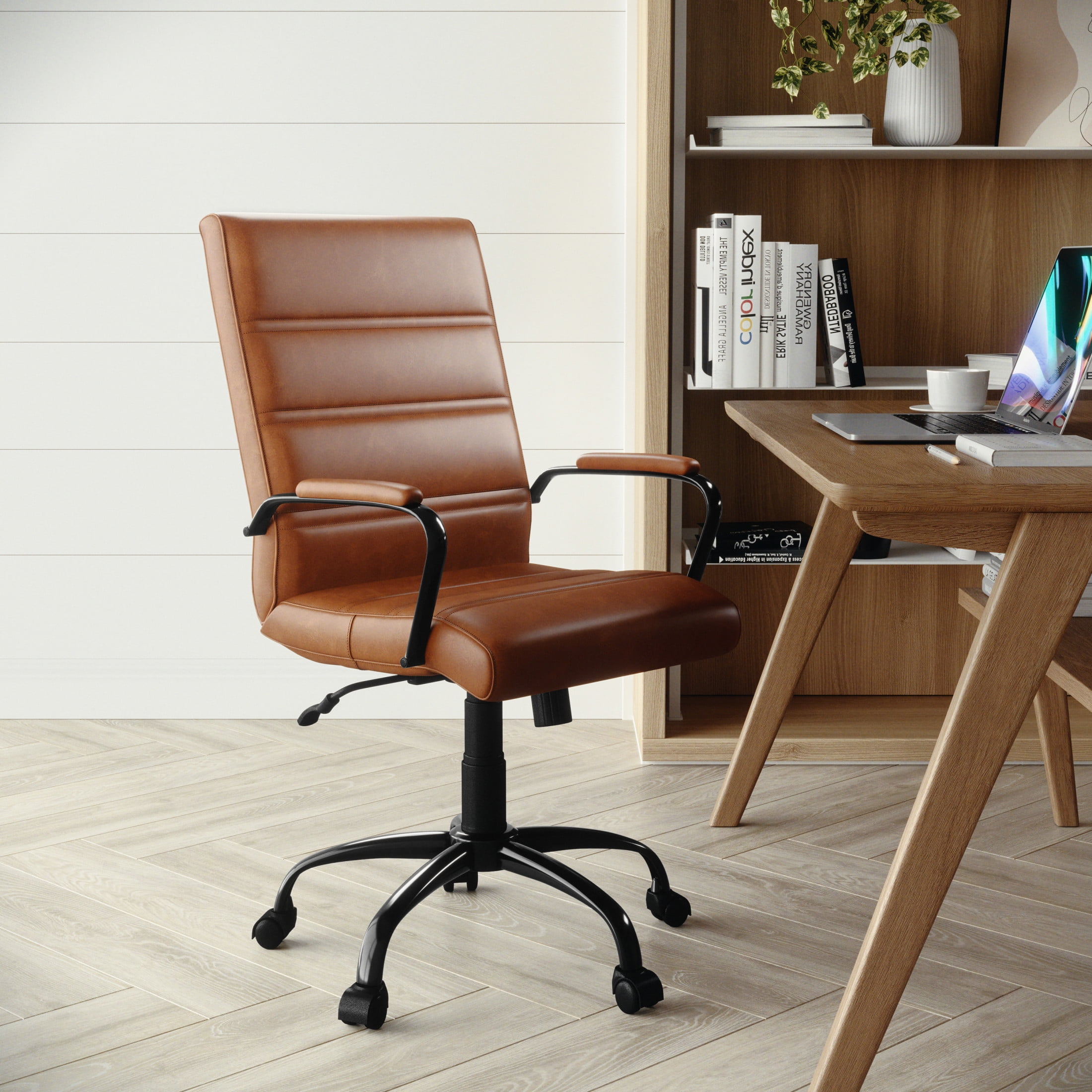 Flash Furniture Whitney Mid-Back Swivel LeatherSoft Desk Chair with Armrests, Brown/Black