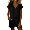 thumbnail image 2 of Hvogkswy Women Two Piece Linen Sets, Solid Color Short Sleeve V-Neck Tops and Button Waist Shorts with Pockets Lightweight Breathable Beach Vacation Summer Casual Set, 2 of 7