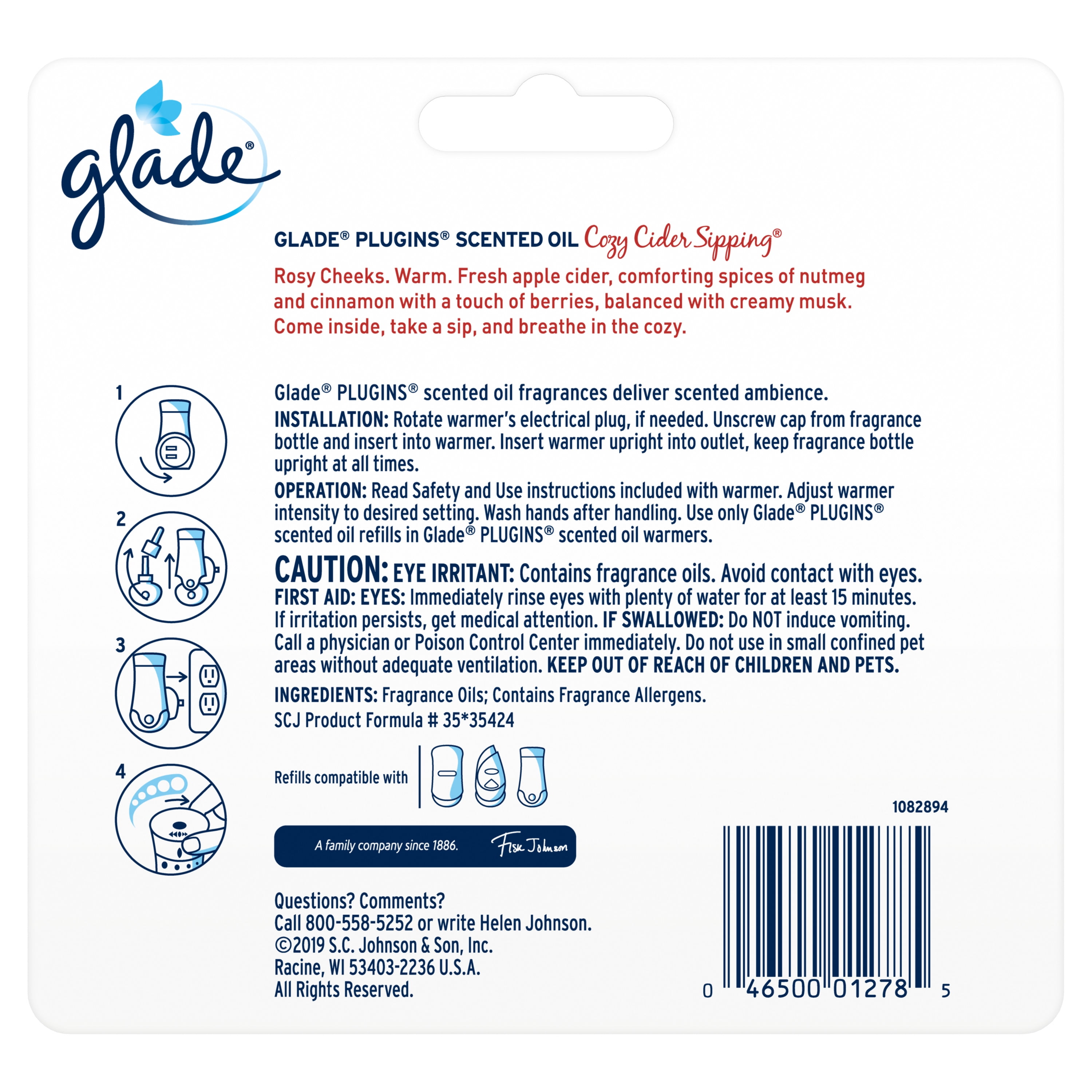 Glade PlugIns Refill 5 CT, Cozy Cider Sipping, 3.35 FL. OZ. Total, Scented Oil Air Freshener