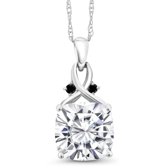 Gem Stone King 10K White Gold White Moissanite and Black Diamond Pendant Necklace for Women (5.06 Cttw, Gemstone, Cushion Cut 10MM, with 18 inch Chain)