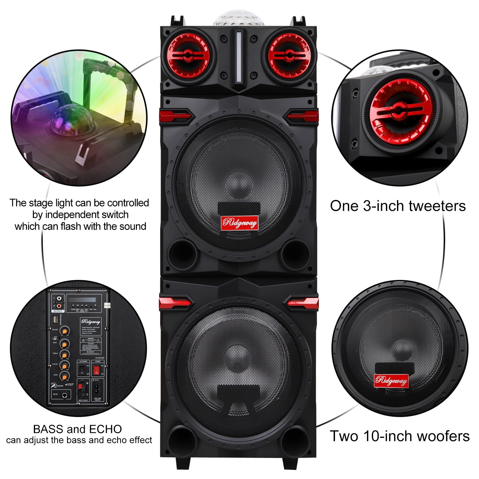 Funkeen Portable Bluetooth PA Speaker System, Rechargeable Outdoor Dual 10-Inch