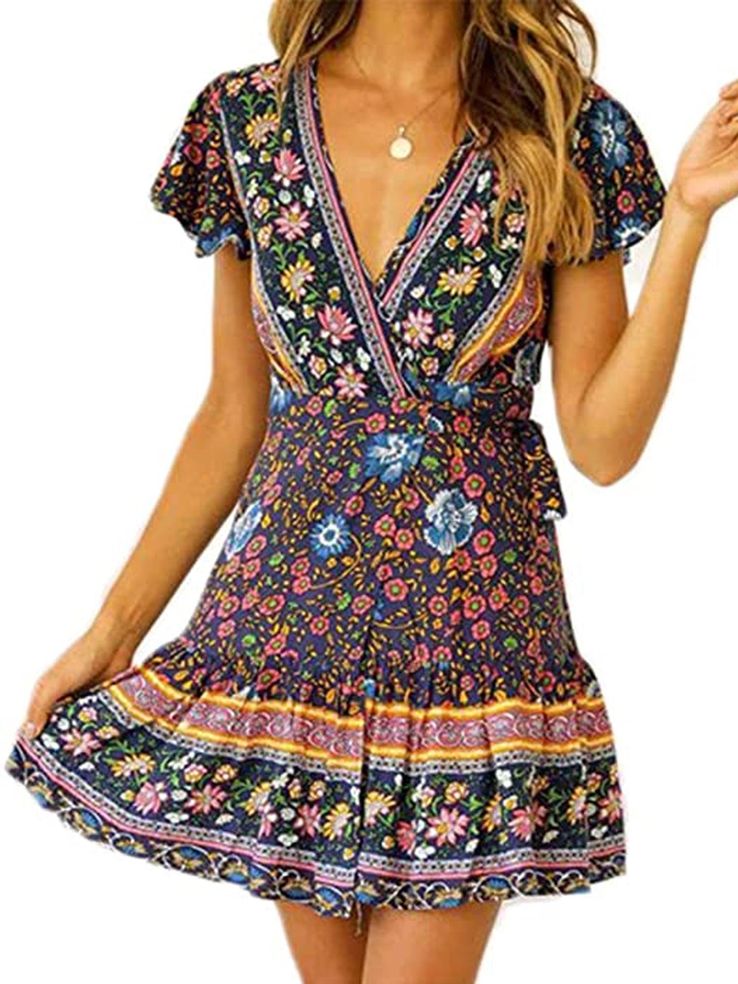 Summer Casual Mini Wrap Dresses for Women V Neck Beach Boho Floral Print Pleated Flowy Half Sleeve Sundress