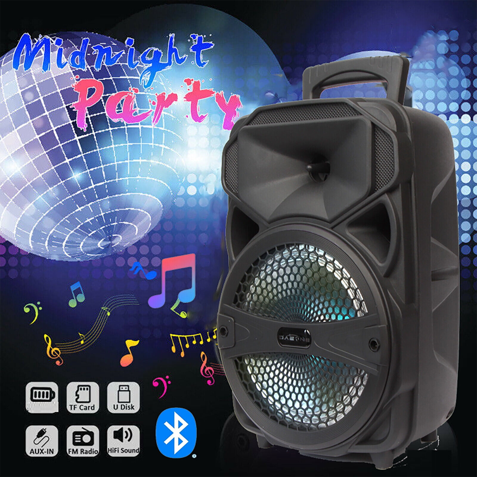 Lohoms Portable Wireless Speaker With Microphone, USB Rechargeable 1,000W FM Bluetooth Speaker 8" Subwoofer Heavy Bass Stereo Party PA System AUX, Remote, Charging Cable, LED Light