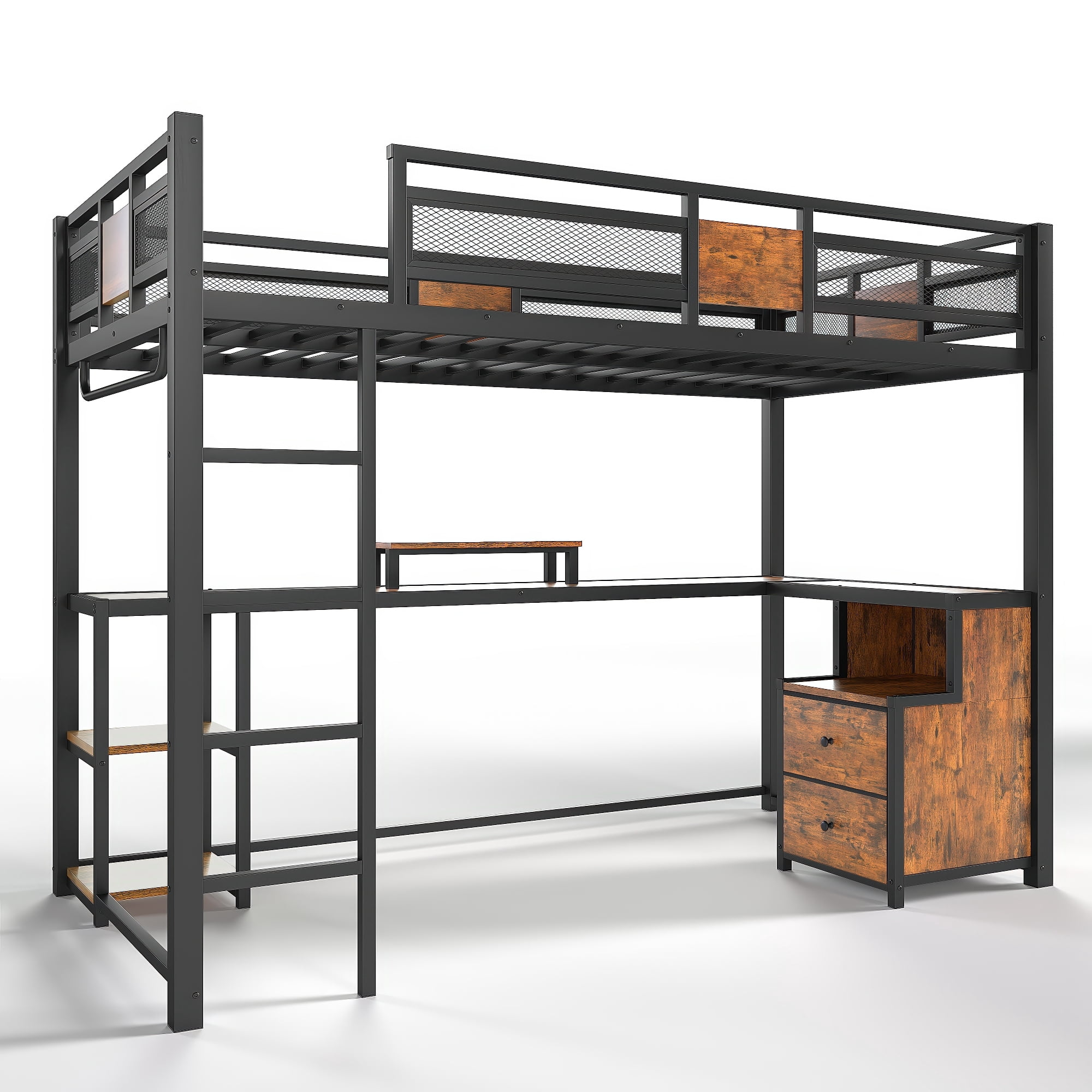 Leumius Twin XL Loft Bed with Desk and Storage Non-woven Fabric Drawers, Metal Loft Bed Frame with Ladders, Nosie-free and No Spring Box Needed for Teens Adults Black