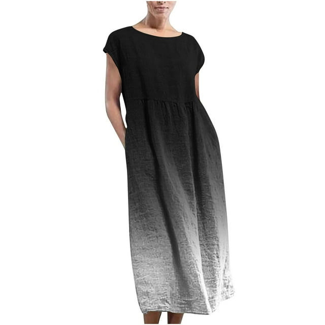 Yuyuzo Robes Décontractées pour Femmes Manches Cap Coton Lin Robe Maxi Col Ras du Cou Couleur Dégradée Longue Robe avec Poches