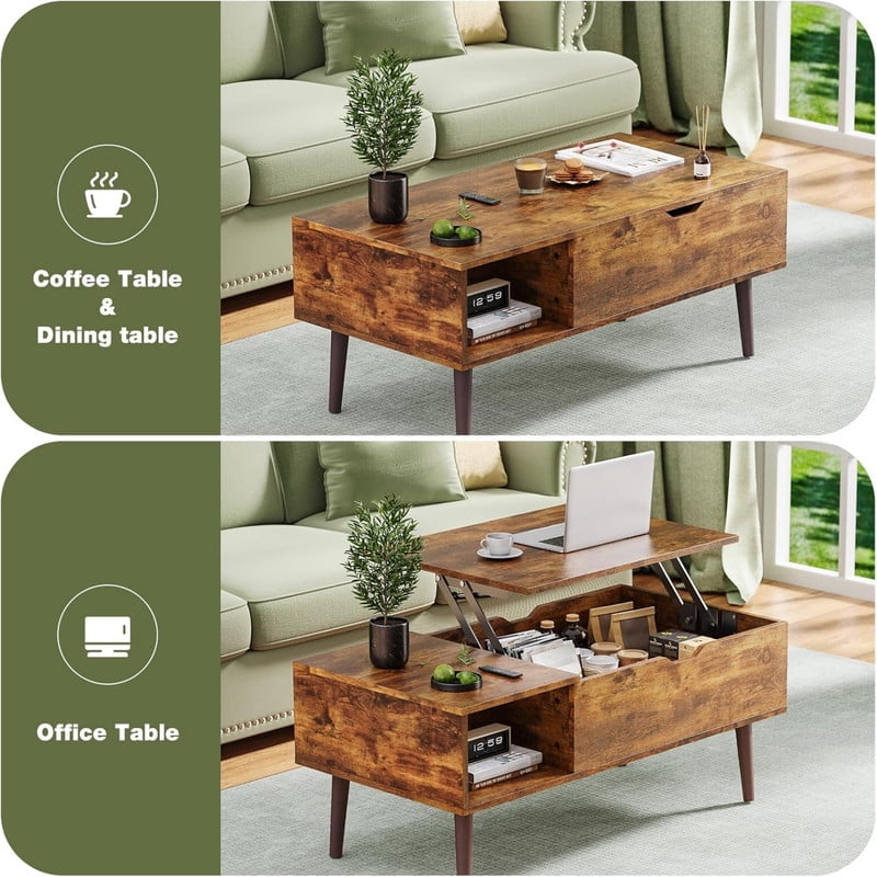 Kelno Lift Top Coffee Table with Hidden Storage Adjustable Height Wood Center Table with Shelf,Rustic Brown