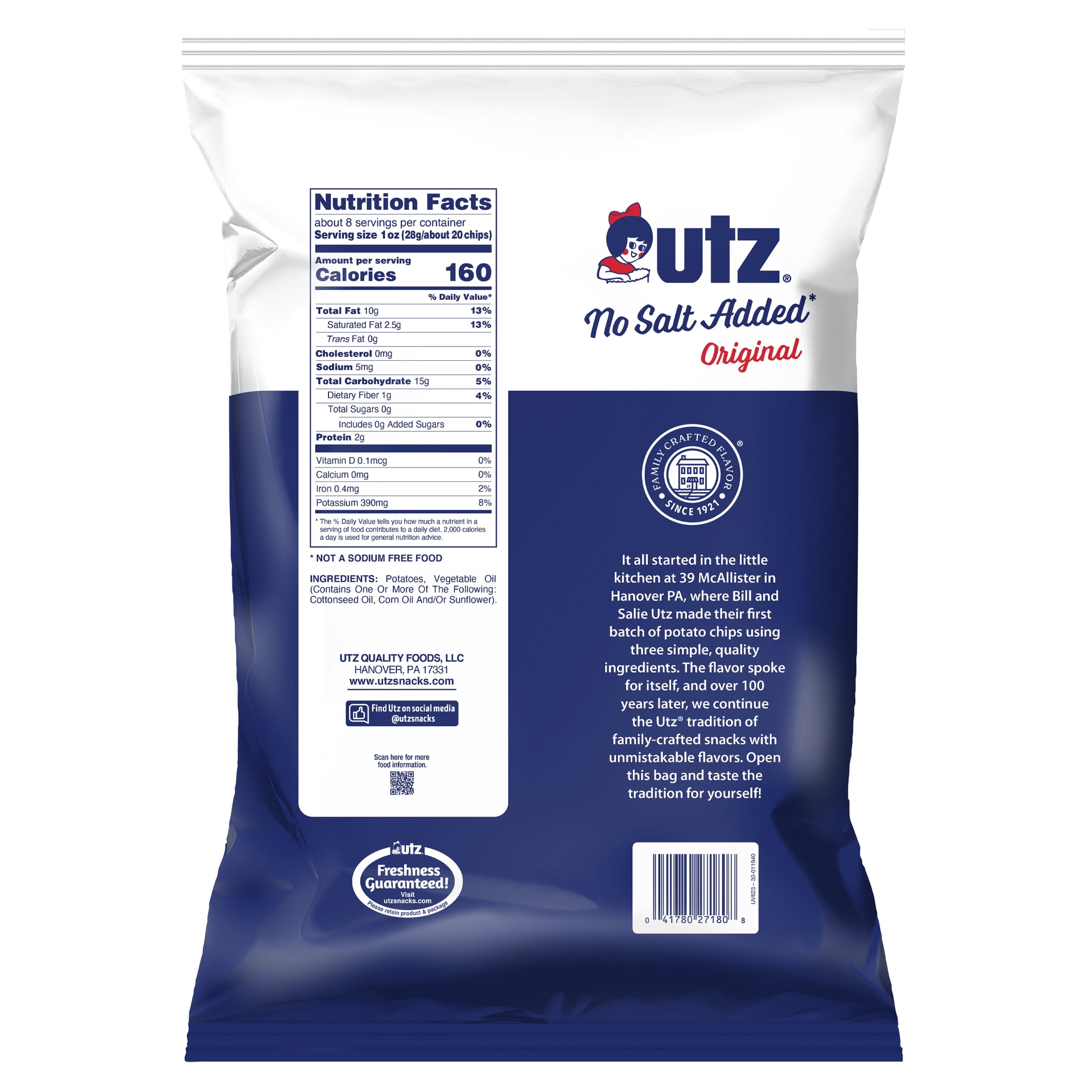 Utz No Salt Added Original Potato Chips, Gluten-Free, Family Size, 7.75 oz Bag