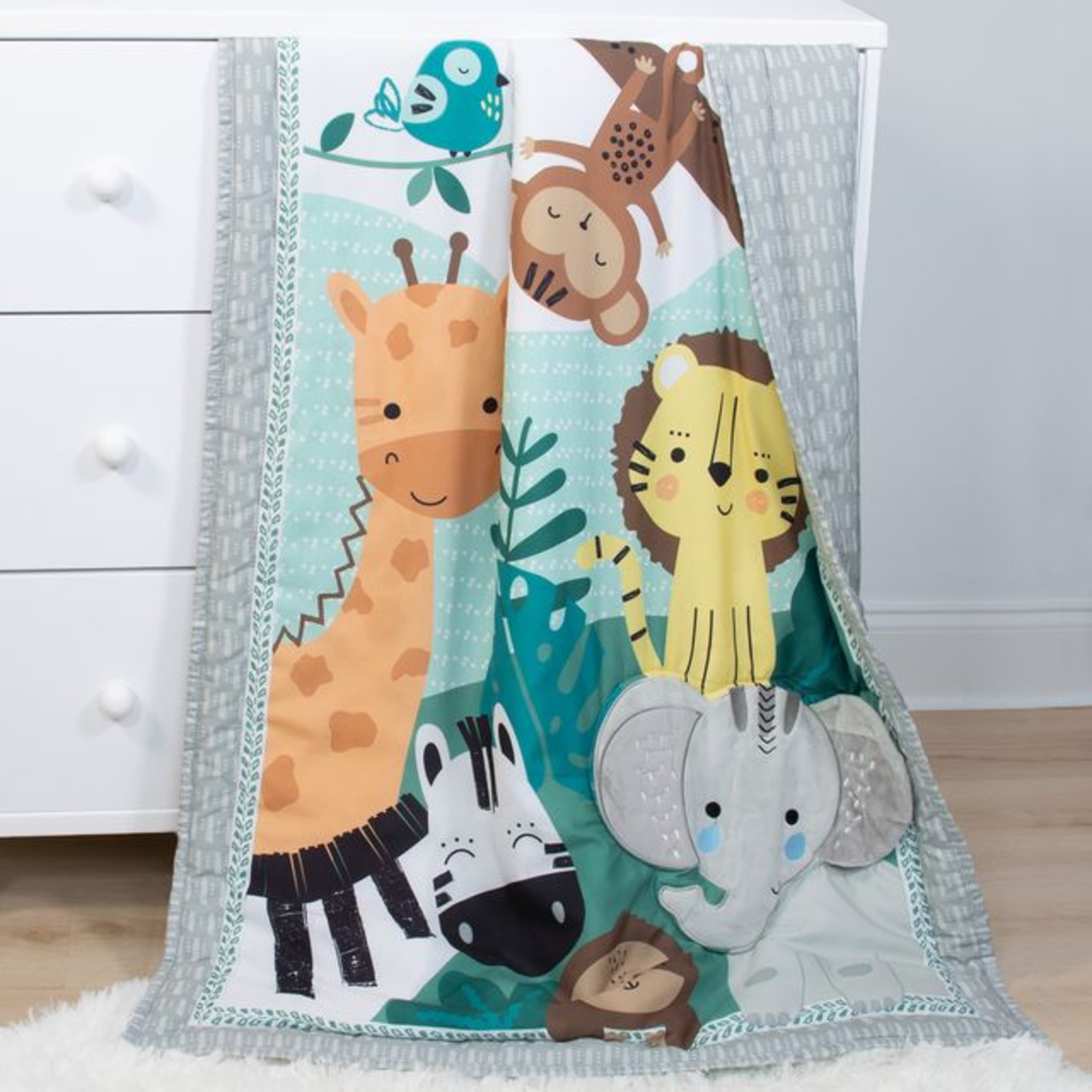 The Peanutshell Green and Grey Safari Adventures Crib Bedding Set for Baby Boys or Baby Girls, 3 Piece Nursery Set
