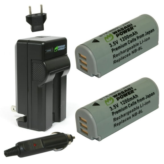 Wasabi Power Battery (2-Pack) and Charger for Canon NB-9L
