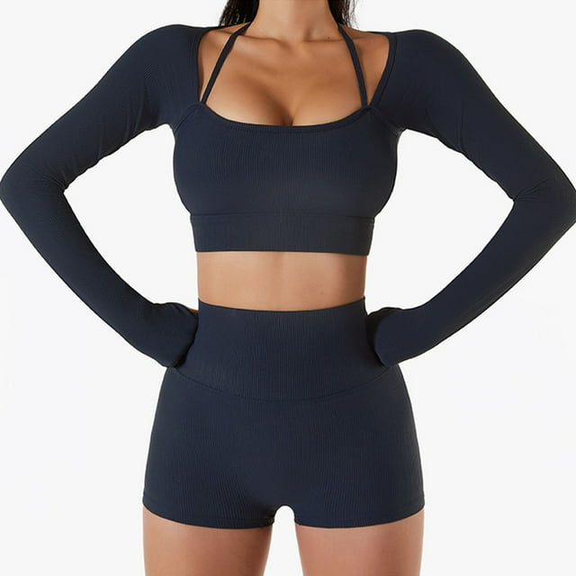Top De Yoga Para Mujer, Ropa Deportiva De Entrenamiento Con Cuello Halter De Nailon De Poliuretano Elástico, Cuello Redondo Con Almohadillas Para El Pecho Para Gimnasio ANGGREK Azul M