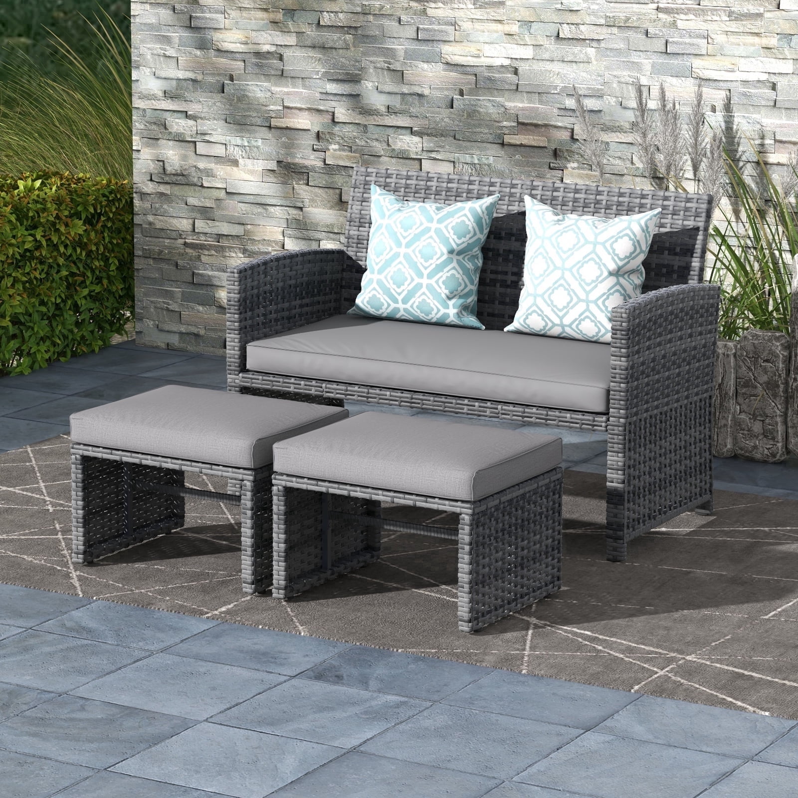 JOIVI Outdoor Loveseat Patio Furniture Rattan Conversation Set, with Ottoman, Pillows Included, Grey Wicker, Light Gray Cushions