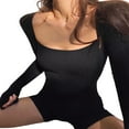 thumbnail image 4 of Ribbed Knit Bodycon Short Jumpsuit Long Sleeve Square Collar Sport Biker Short Rompers, 4 of 5